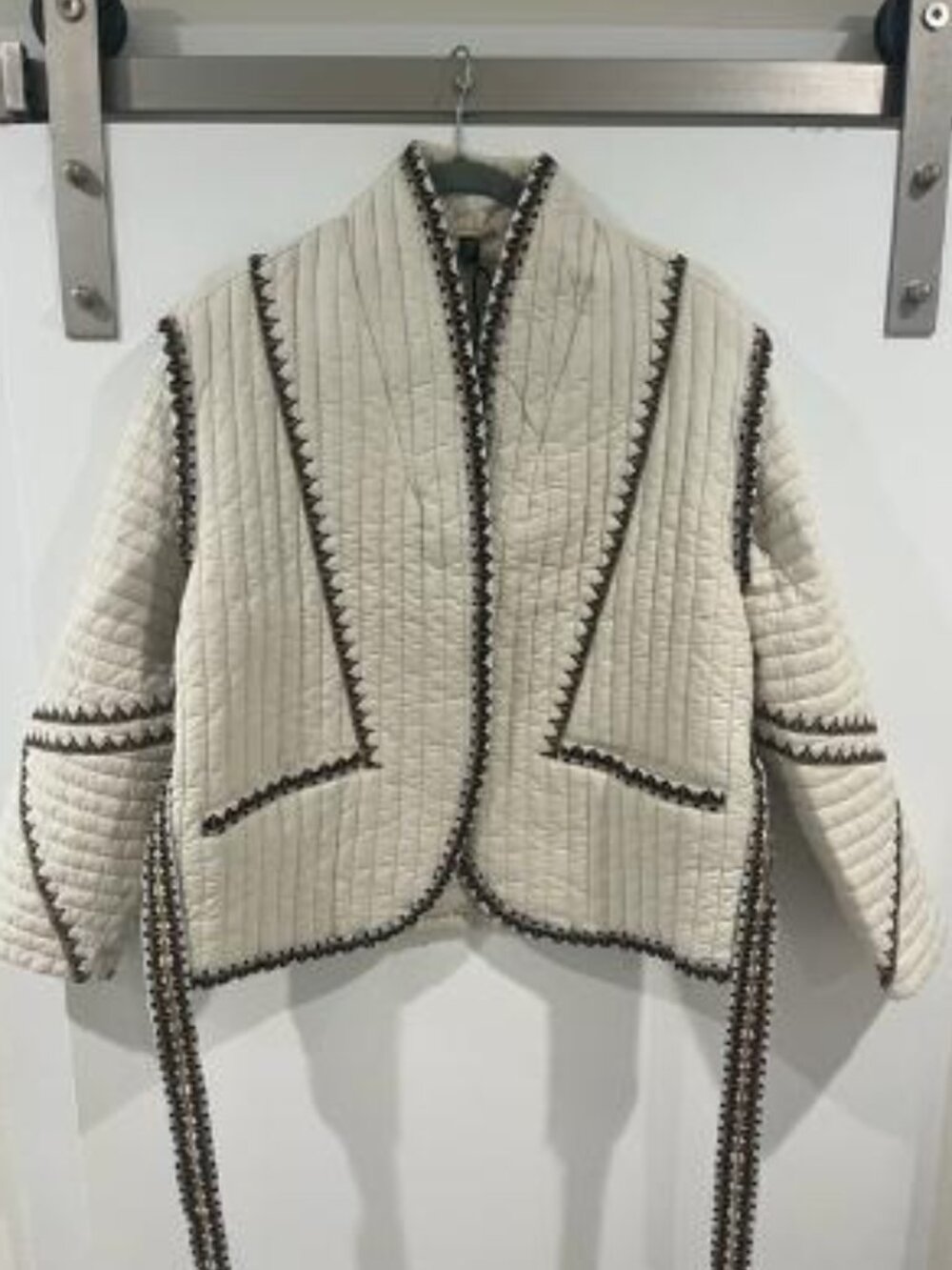 NWT Magaschoni Cliago Embroidered Quilted Belted Jacket Cream Medium